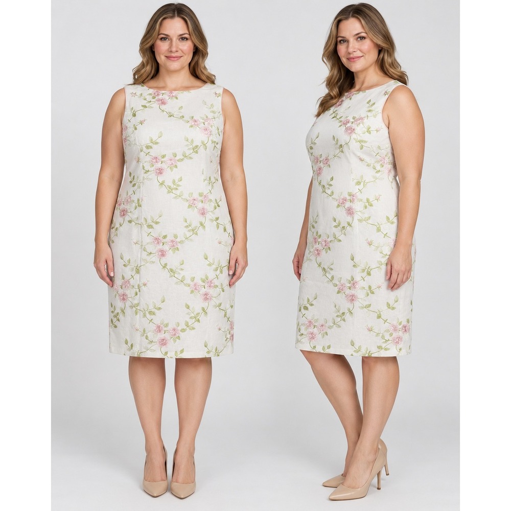Coldwater Creek Floral Embroidered Linen Blend Sheath Dress Pink White Size 16